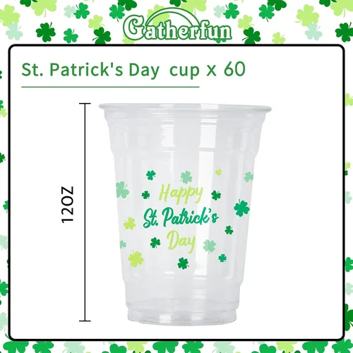 Miniatura 2 de Paquete de celebración del Día de San Patricio, 60 vasos de plástico con temática irlandesa de 12 onzas con diseño de trébol de la suerte