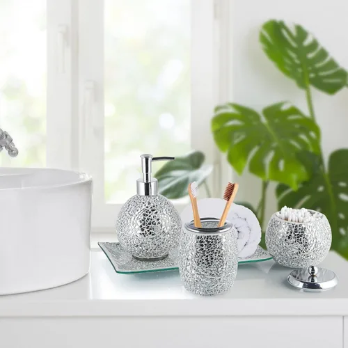 Miniatura 6 de Juego de accesorios de baño de vidrio de mosaico, moderno conjunto de baño de lujo, incluye dispensador de jabón, tarro de hisopo de algodón