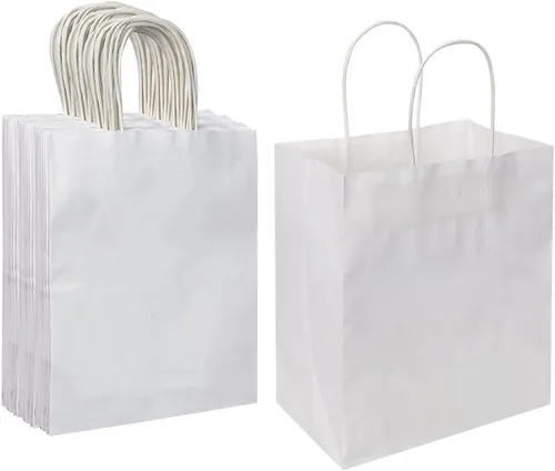 Miniatura 13 de Oikss Paquete de 50 bolsas de papel kraft medianas de color rosa fuerte de 8 x 4.75 x 10 pulgadas con asas a granel para cumpleaños, bodas, favores
