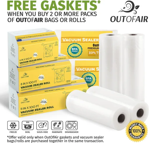 Miniatura 7 de OutOfAir Rollos de Bolsas Selladoras al Vacío de 11" x 100' y Caja Dispensadora con Cortador - Libre de BPA, 4 mil de Espesor - Excelente para Sous