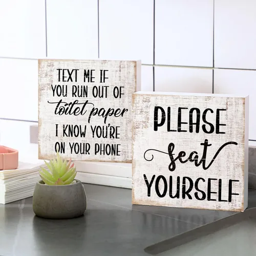 Jetec 2 piezas de decoración de letreros de baño de granja, caja de madera con signo, arte de pared divertido para el baño, placa de madera rústica,