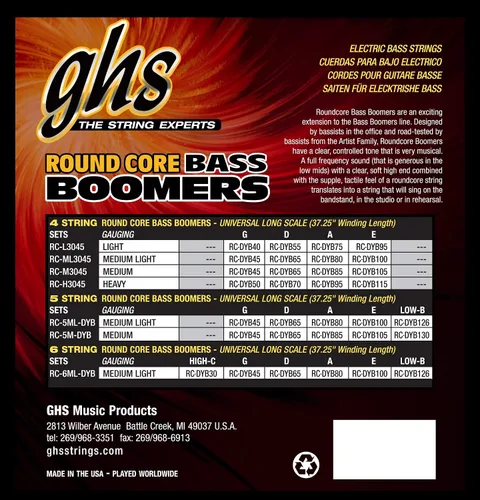 Miniatura 2 de GHS Strings RC-M3045 Round Core Bass Boomers, 4 juegos, calibre medio, 45-105, (bobinado de 37.25")