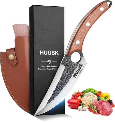 Miniatura 9 de Huusk Cuchillo vikingo con vaina, cuchillo de carnicero forjado a mano para cortar carne, cuchillos de carne de acero de alto carbono, cuchillos