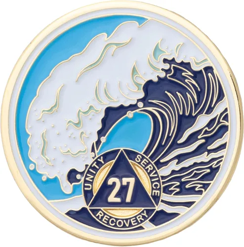 Miniatura 47 de Moneda AA de 1 año – Medallón de recuperación de ondas estrelladas de Sobriety Mint – azul/blanco/dorado
