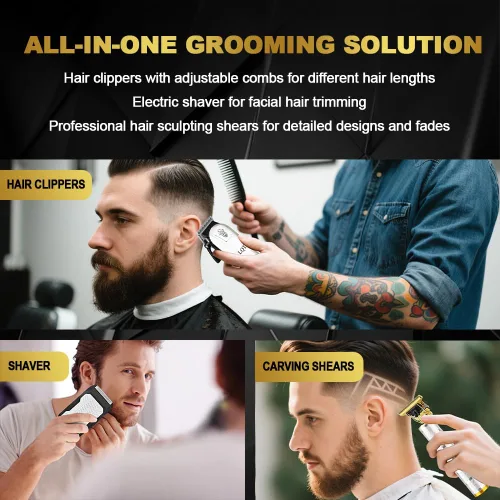 Miniatura 4 de Juego de cortapelos y recortadores para hombres, recortadora de pelo y barba profesional inalámbrica con palanca ajustable y gran capacidad