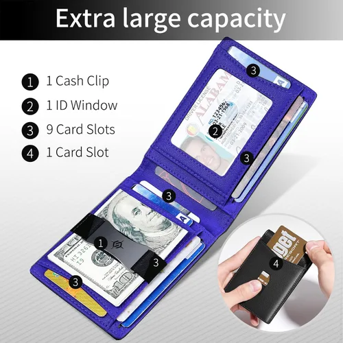 Miniatura 4 de SHOUCANGAR Billeteras para hombre delgadas con 11 ranuras para tarjetas, billetera RFID minimalista con bolsillo frontal, cartera de tarjetas