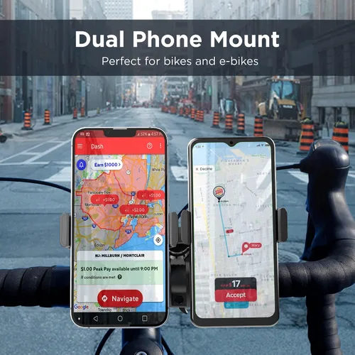 Miniatura 5 de ENCASED Soporte de teléfono para bicicleta doble, soporte ajustable para 2 teléfonos celulares, ajuste universal
