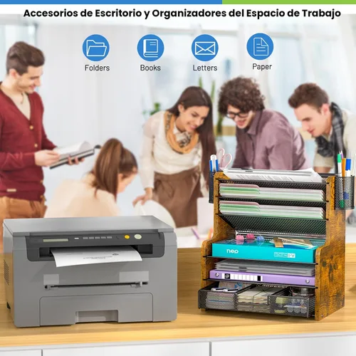Miniatura 6 de DAOUTIME Organizador de escritorio de malla de 6 niveles con cajón, organizador de oficina de madera para papeles, carpetas y suministros