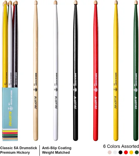 Miniatura 4 de Bluefire - Baquetas 5A, 6 palos (3 pares) de colores surtidos, peso de nogal americano a juego, prueba varios colores en un paquete para bateristas