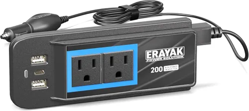 ERAYAK Cargador de coche de 200 W e inversor de corriente con salida de CA de 110 V - Accesorio de coche premium Adaptador de encendedor de