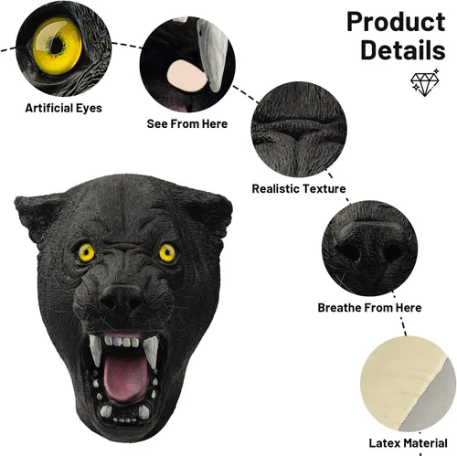 Miniatura 7 de PartyHop Máscara de Pantera Negra de Látex de Leopardo Salvaje de Cabeza Completa Máscaras Realistas Disfraz para Fiesta de Halloween