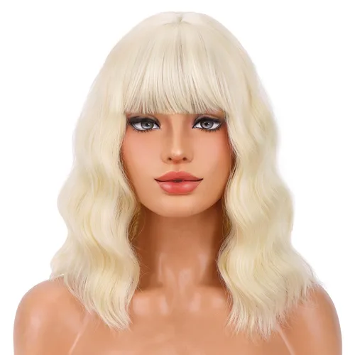 Miniatura 16 de BERON 14 Inches Ash Blonde Wig with Bangs Short Curly Wig Short Ash Blonde Bob Synthetic Wigs for Women Daily Halloween Party or Cosplay Hairnet