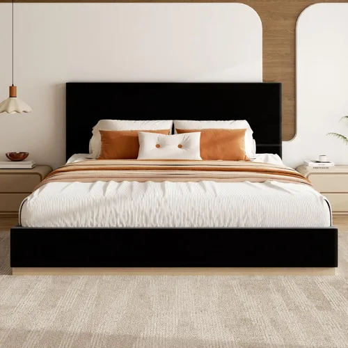 Miniatura 9 de Base de cama de plataforma de tamaño completo con cabecero, cama de terciopelo con base sólida con listones de madera, base de colchón resistente