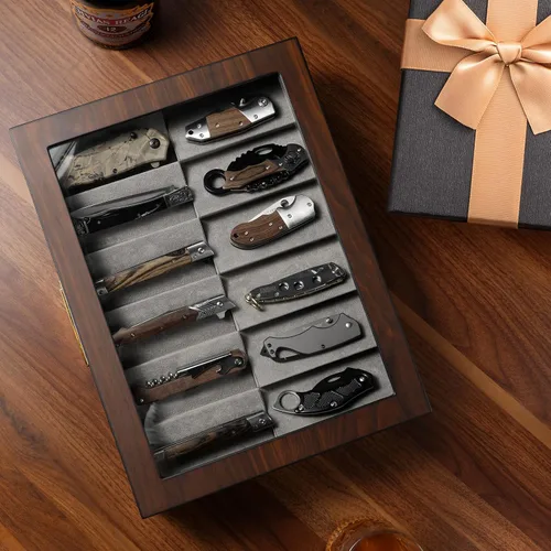 Miniatura 8 de Ikkle Vitrina de cuchillos de dos niveles de nogal con cajón y ventana de cristal real para almacenamiento y colecciones de cuchillos