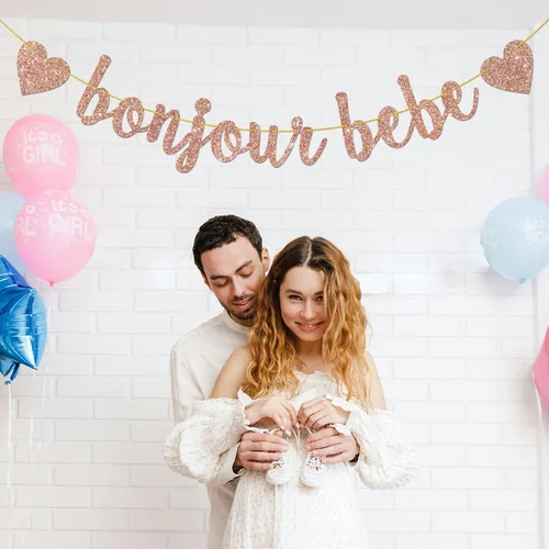 Miniatura 4 de Cartel Bonjour Bebe con purpurina de oro rosa, decoración de fiesta de primer cumpleaños, cartel de bienvenida Oh Baby Shower Banderines