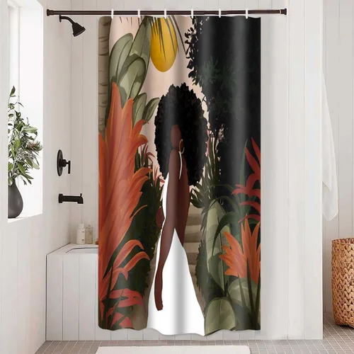 Cortina de ducha de mujer afroamericana, sexy, de 36 x 72 pulgadas, poliéster, abstracto, bohemio, tropical, hojas de plantas tropicales, juego de