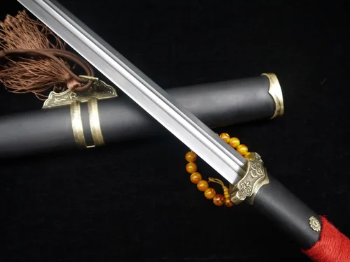Miniatura 8 de Espada china/Tang jian/hoja de acero de Damasco/vaina de madera negra/accesorios de latón/espiga completa/longitud: 39 pulgadas