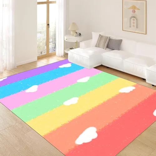 Alfombras suaves de arco iris para dormitorio de niña, alfombras coloridas y peludas, alfombras de juego para niños, estampado de nube blanca, arco