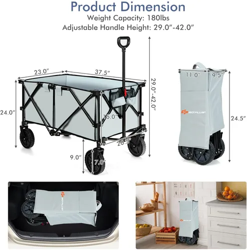 Miniatura 7 de Goplus Carro plegable utilitario con ruedas universales y asa ajustable y bolsa de cubierta, carrito de comestibles para jardín, compras, campamento