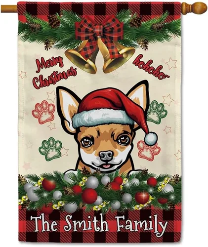 Miniatura 18 de Bandera de jardín de Navidad de 12.5 x 18 pulgadas, anillo de bola de Navidad para perro chihuahua, campana, corona, bandera de búfalo rojo, a