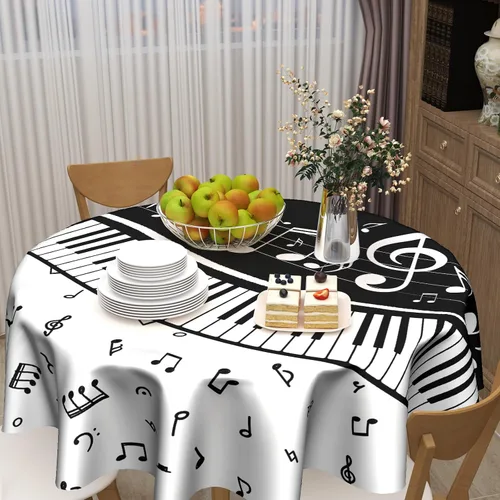Miniatura 6 de Mantel redondo de música de 60 pulgadas – Mantel de piano clásico negro y blanco para mesa de instrumentos musicales para cocina, patio, picnic al