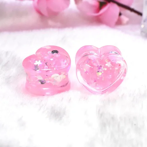 Miniatura 6 de 6 unids3 pares brillando Paillette en forma de corazón medidores de oreja túneles y enchufe acrílico dilatador de oreja Stud estirando