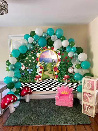 Miniatura 3 de Telón de fondo para fotografía del país de las maravillas para decoración de fiesta de té, 8 x 6 pies, cuento de hadas, castillo, conejo, hoja