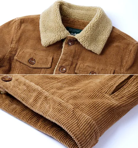 Miniatura 4 de Chaqueta de pana para hombre, abrigo de vaquero cálido con cuello de piel