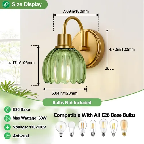 Miniatura 8 de Juego de 2 lámparas de tocador de baño en oro cepillado, lámpara de pared de cabeza única con pantalla de vidrio verde acanalado