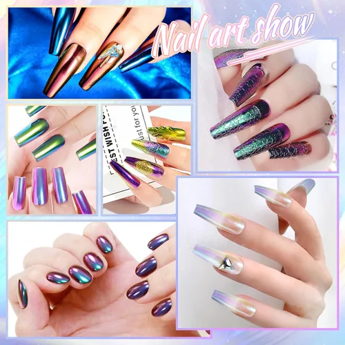 Miniatura 6 de Laza Polvo de Uñas Cromado Camaleón, 8 Colores Uñas Glaseadas Donut Pigmento Metálico con Efecto Espejo, Purpurina para Uñas Aurora Iridiscente Kit