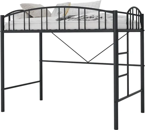 Miniatura 8 de IDEALHOUSE Cama alta tamaño individual con escalera y barandilla de arco alto, listones de metal resistentes, diseño que ahorra espacio