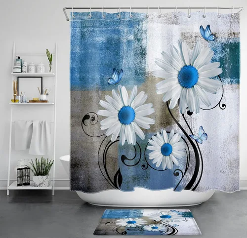Miniatura 10 de Cortina de ducha floral con margaritas azules, flores blancas y mariposas en tela moderna abstracta geométrica gris para baño, 10 ganchos, 48 x 72
