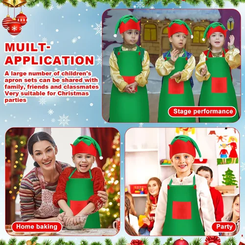 Miniatura 7 de Handepo - Conjunto de delantal y gorro de elfo navideño para niños, sombreros de Papá Noel para niños, suministros de fiesta navideña para niños