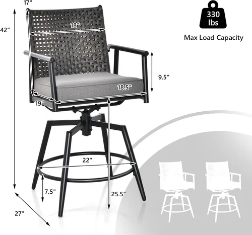 Miniatura 3 de COSTWAY Juego de 2 taburetes de bar giratorios para patio, silla de bar con marco de metal, respaldo de ratán de polietileno, cojín acolchado