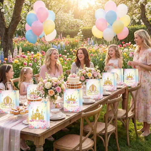 Miniatura 5 de Sepamoon 24 bolsas de recuerdos de fiesta con temática de princesa príncipe, corona, castillo, con asas, incluye 3 estilos de bolsas de dulces