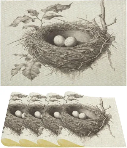 Miniatura 19 de Juego de 2 manteles individuales, rústico, elegante, francés, botánico, nido de pájaros, algodón y lino, manteles de mesa de cocina resistentes al