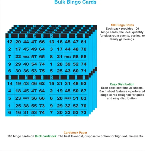 Miniatura 5 de 100 tarjetas de bingo, grandes de 4.5 x 4.5 pulgadas, azul (1 de 8 colores), hojas de bingo de papel, desechables o reutilizables para daubers