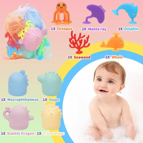 Miniatura 6 de Juguetes de baño para bebé, 13 piezas de juguetes de baño de silicona sin moho con una bolsa de almacenamiento, juguetes de bañera de dinosaurios