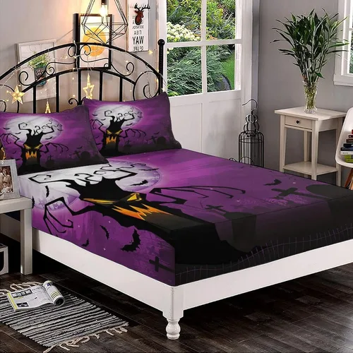 Miniatura 7 de XISUNYA Juego de sábanas decorativas tamaño Queen, juego de sábanas bajeras y 2 fundas de almohada con bolsillos profundos de Halloween