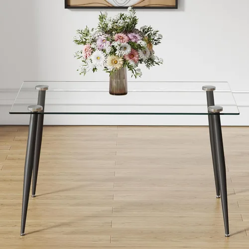 Miniatura 12 de Juego de mesa de comedor de vidrio Ebullient para 4, mesa de 51" de vidrio templado transparente con patas de metal negro y 4 sillas de acrílico