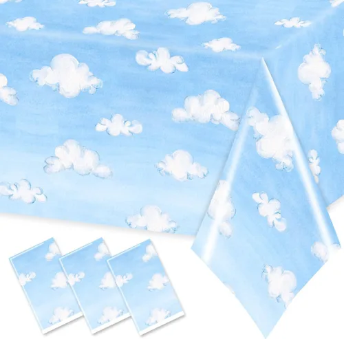CMUSKO 3 manteles de nube, suministros de fiesta de historias de dibujos animados, cielo azul, nubes blancas, fundas rectangulares de plástico,