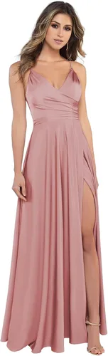 LIKESEEDD Vestidos de dama de honor de satén con abertura para mujer, vestidos largos de satén plisados para fiesta de graduación