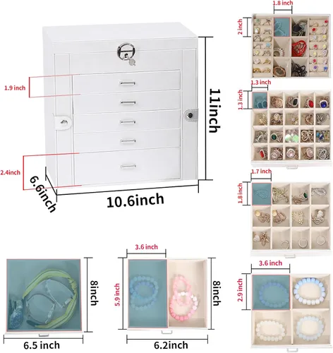 Miniatura 4 de BOOVO Joyero para mujer, organizador de joyas grande de 6 capas con espejo, caja de almacenamiento multifunción con cerradura, soporte