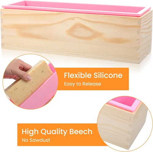 Miniatura 3 de Kit de 2 moldes rectangulares de jabón para pan con caja de madera, molde de silicona flexible de 42 onzas, cortador de acero inoxidable ondulado