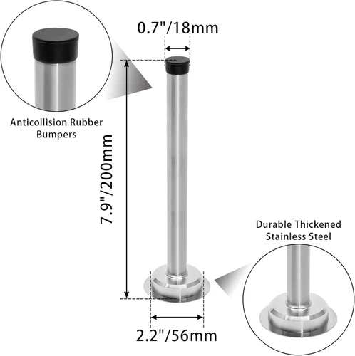 Miniatura 2 de 1 tope de puerta de 8 pulgadas, tapón de puerta largo autoadhesivo de acero inoxidable, amortiguador de sonido, tope de puerta de tornillo