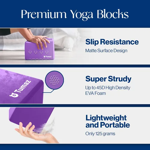 Miniatura 3 de Tumaz Non-Slip Yoga Blocks 2-Pack - High Density/Lightweight EVA Foam & Natural Cork for Stability, Premium Set with E-Book Included Púrpura-2PS