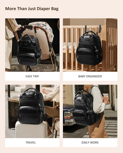 Miniatura 6 de ROSEGIN Mochila para pañales de cuero vegano de alta calidad con cambiador impermeable, cremalleras reforzadas y sin olor, organizador profesional