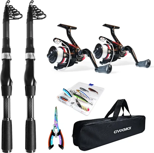 Combo de caña de pescar telescópica, 2 unidades de 6.89 pies de fibra de carbono, juego de carretes giratorios, kit completo con alicates de pesca y