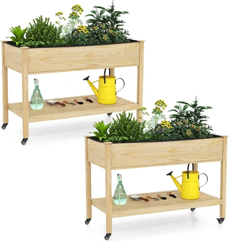 Miniatura 10 de Giantex Cama de jardín elevada móvil, maceta de madera con ruedas, estante de almacenamiento y forro, cama elevada enrollable de 47 x 23 x 33