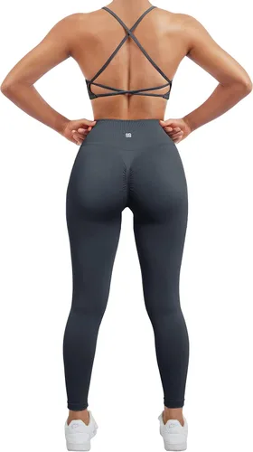 SUUKSESS Conjuntos de entrenamiento sin costuras para mujer, sujetador deportivo con tiras y cintura alta, pantalones cortos